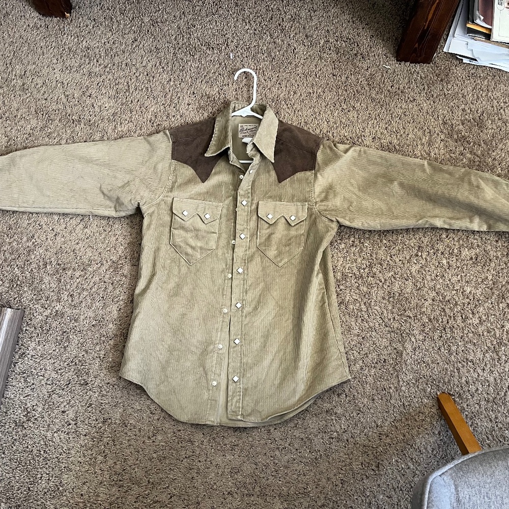 Vintage Western Corduroy Button-Down Shirt - Beige with Brown Yoke
